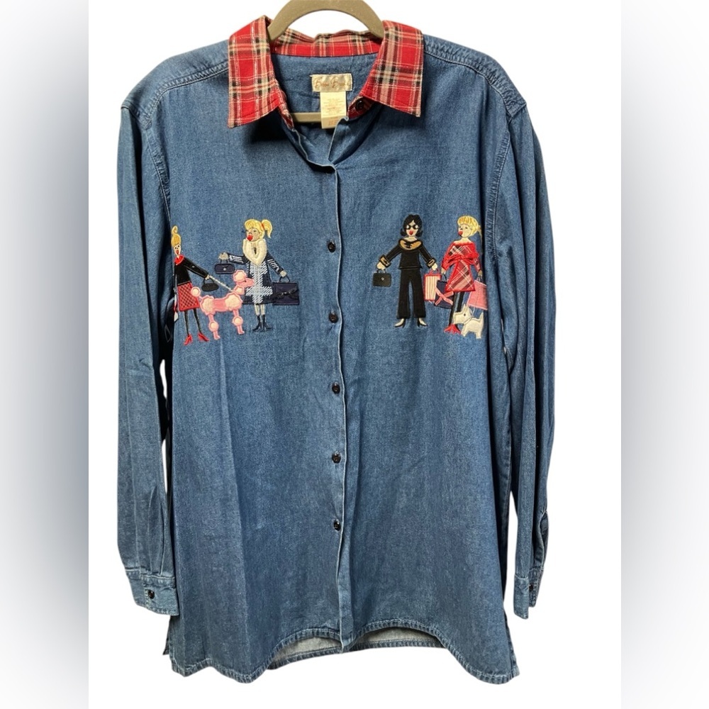 Bobbie Brooks Blue Button Down Shirt with Red Plaid Collar